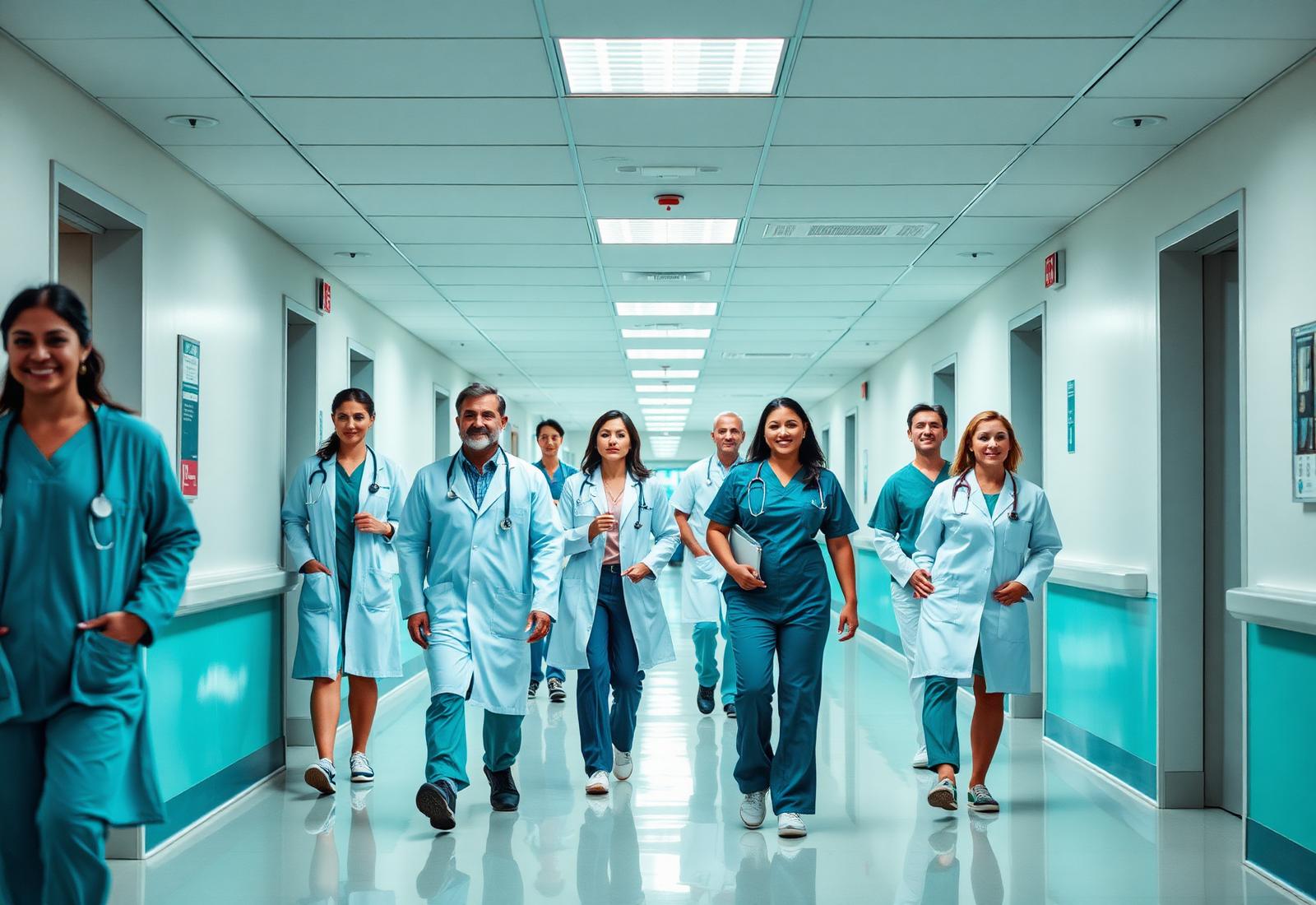 Diverse team of healthcare professionals in a modern clinical setting